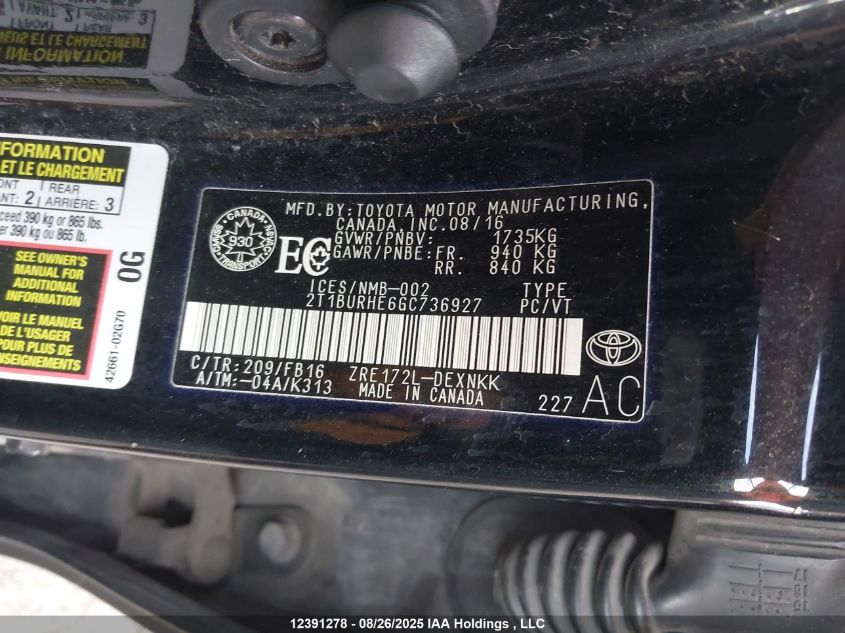 2016 Toyota Corolla Le VIN: 2T1BURHE6GC736927 Lot: 12391278