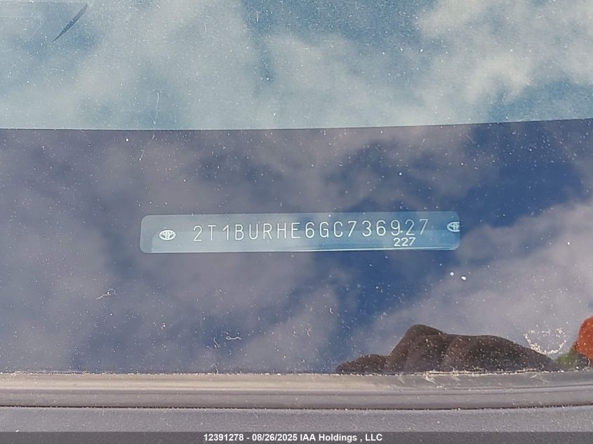 2016 Toyota Corolla Le VIN: 2T1BURHE6GC736927 Lot: 12391278