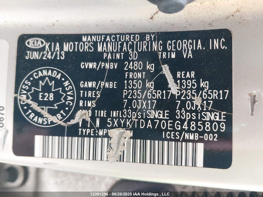 2014 Kia Sorento Lx V6 VIN: 5XYKTDA70EG485809 Lot: 12391296