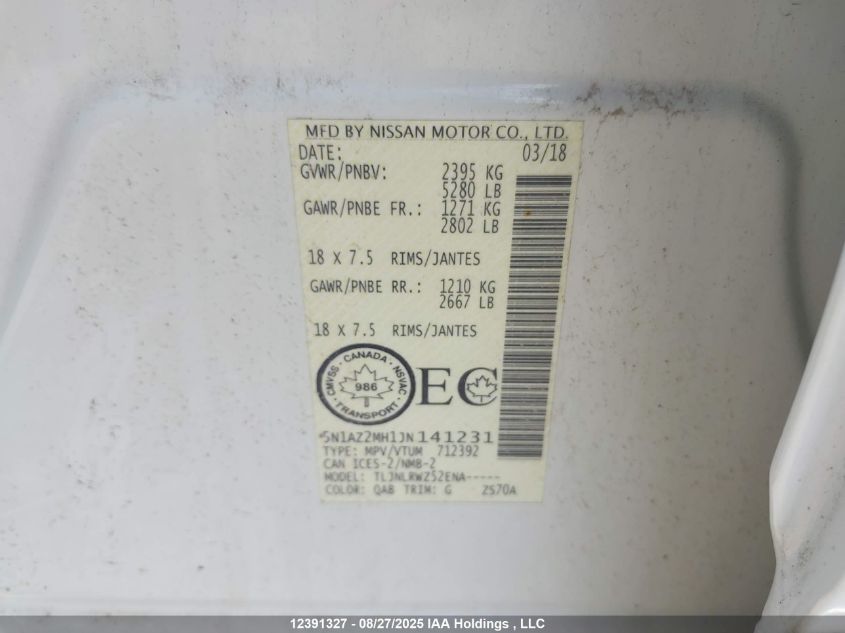 2018 Nissan Murano Midnight Edition/Platinum/Sl/Sv VIN: 5N1AZ2MH1JN141231 Lot: 12391327