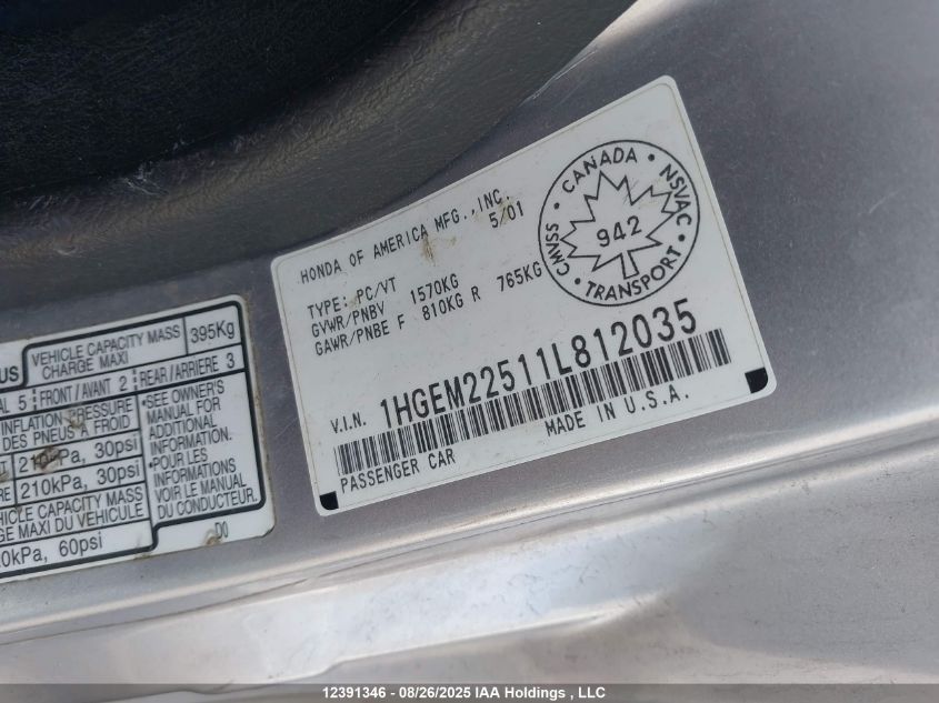 2001 Honda Civic Lx VIN: 1HGEM22511L812035 Lot: 12391346