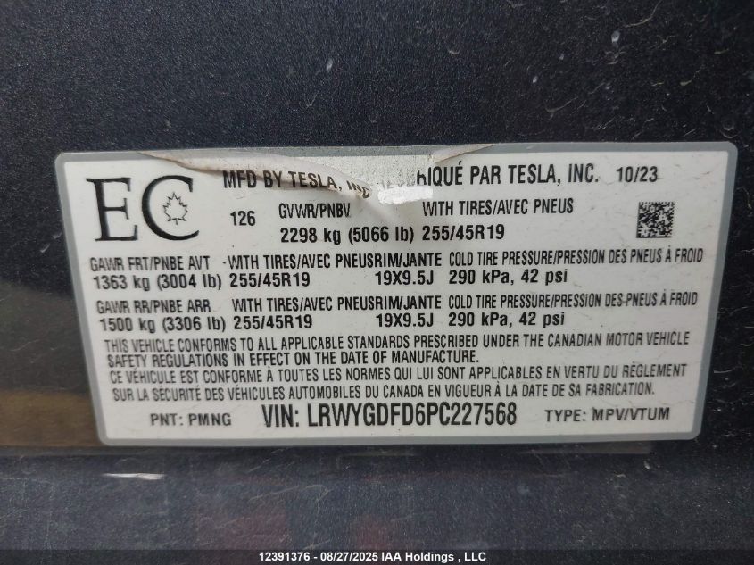 2023 Tesla Model Y VIN: LRWYGDFD6PC227568 Lot: 12391376
