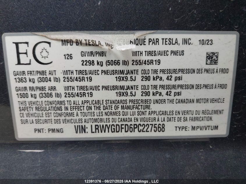 2023 Tesla Model Y VIN: LRWYGDFD6PC227568 Lot: 12391376