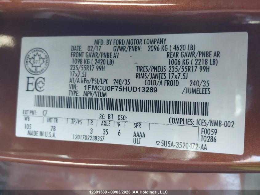 2017 Ford Escape S VIN: 1FMCU0F75HUD13289 Lot: 12391389