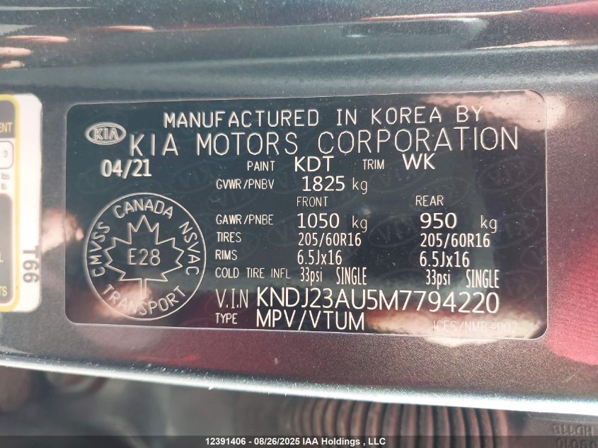 2021 Kia Soul Lx VIN: KNDJ23AU5M7794220 Lot: 12391406