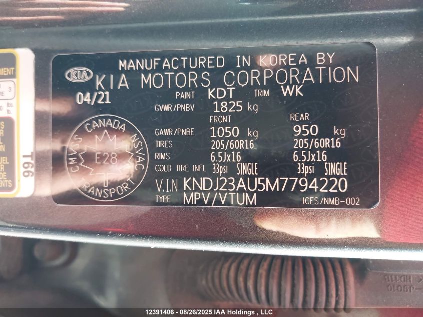 2021 Kia Soul Lx VIN: KNDJ23AU5M7794220 Lot: 12391406