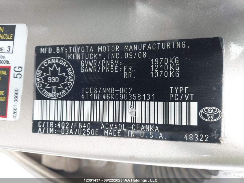 2009 Toyota Camry Se/Le/Xle VIN: 4T1BE46K09U358131 Lot: 12391437