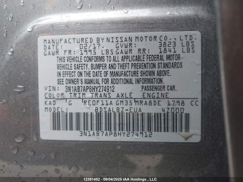 2017 Nissan Sentra S/Sv/Sr/Sl VIN: 3N1AB7AP8HY274912 Lot: 12391452