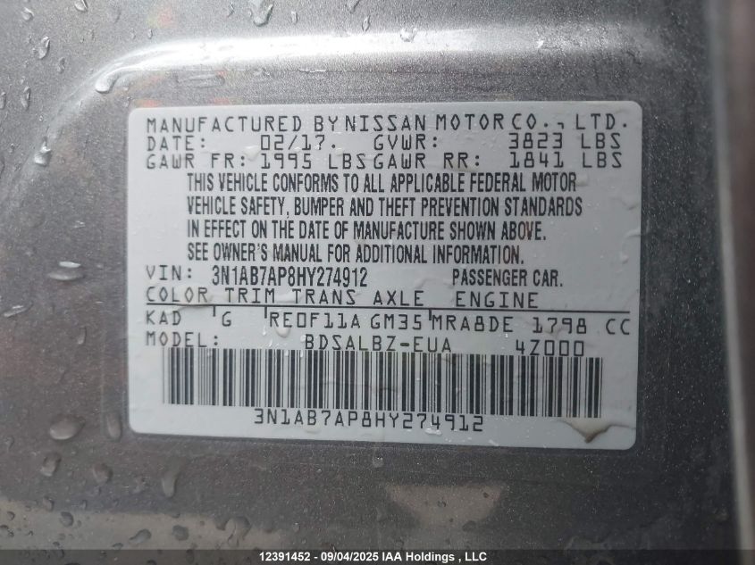 2017 Nissan Sentra S/Sv/Sr/Sl VIN: 3N1AB7AP8HY274912 Lot: 12391452