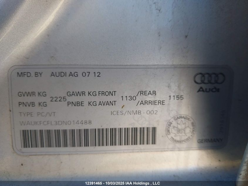 2013 Audi A4 Prestige VIN: WAUKFCFL3DN014488 Lot: 12391465