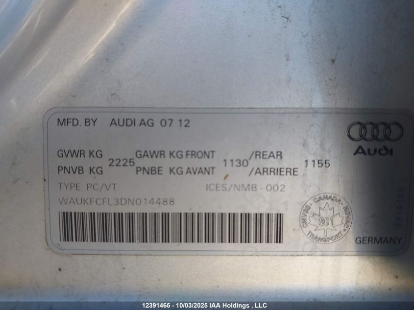 2013 Audi A4 Prestige VIN: WAUKFCFL3DN014488 Lot: 12391465