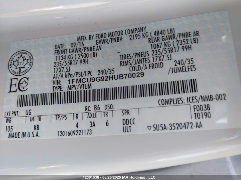 2017 Ford Escape Se VIN: 1FMCU9G92HUB70029 Lot: 12391538