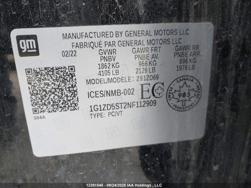 2022 Chevrolet Malibu Lt VIN: 1G1ZD5ST2NF112909 Lot: 12391545