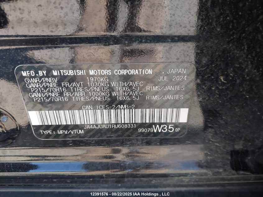 2024 Mitsubishi Rvr Es VIN: JA4AJUAU1RU608331 Lot: 12391576