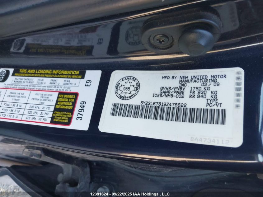 2009 Pontiac Vibe VIN: 5Y2SL67819Z476622 Lot: 12391624