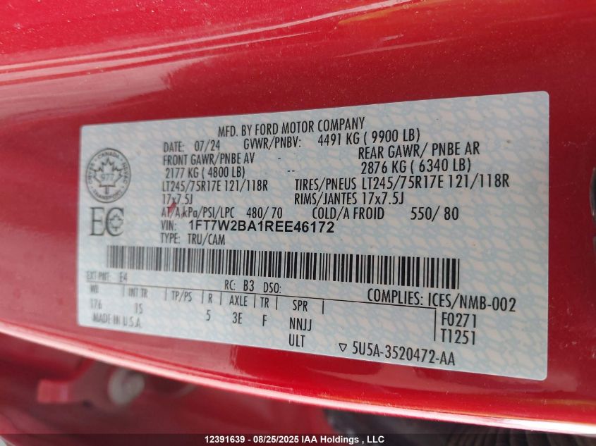 2024 Ford F250 Super Duty VIN: 1FT7W2BA1REE46172 Lot: 12391639