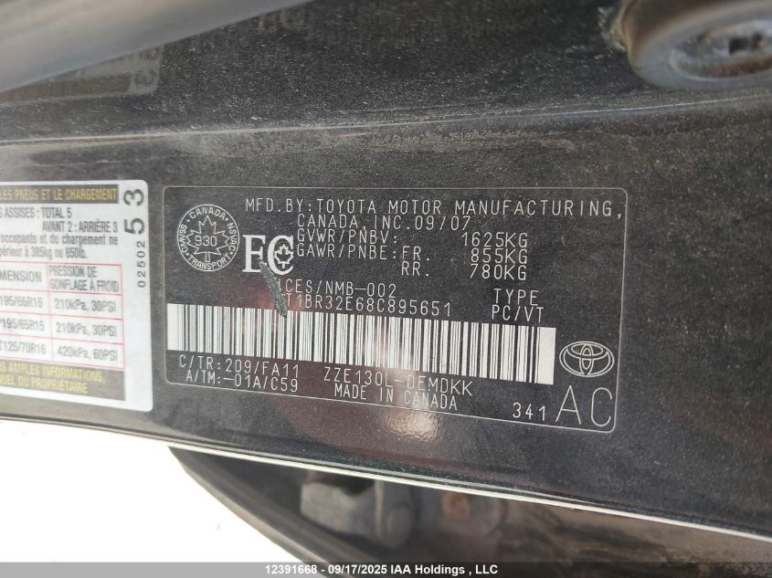 2008 Toyota Corolla Ce/Le/S VIN: 2T1BR32E68C895651 Lot: 12391668