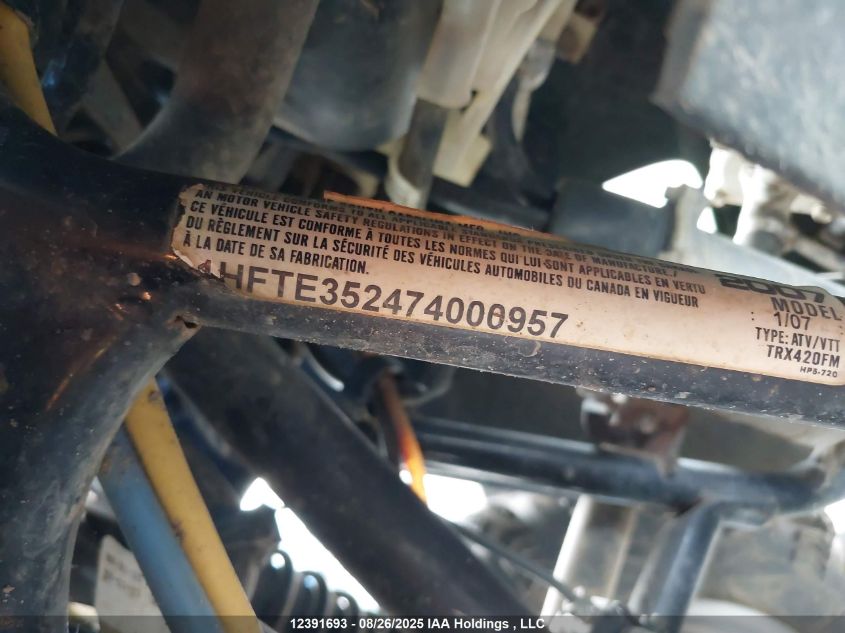2007 Honda Trx420 Fm VIN: 1HFTE352474000957 Lot: 12391693