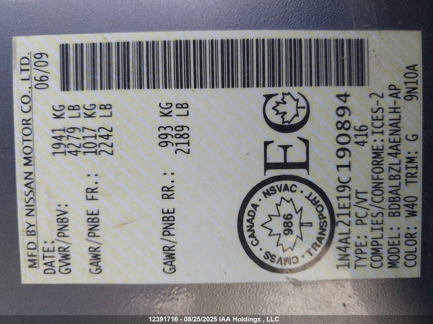 2009 Nissan Altima 2.5 S VIN: 1N4AL21E19C190894 Lot: 12391716