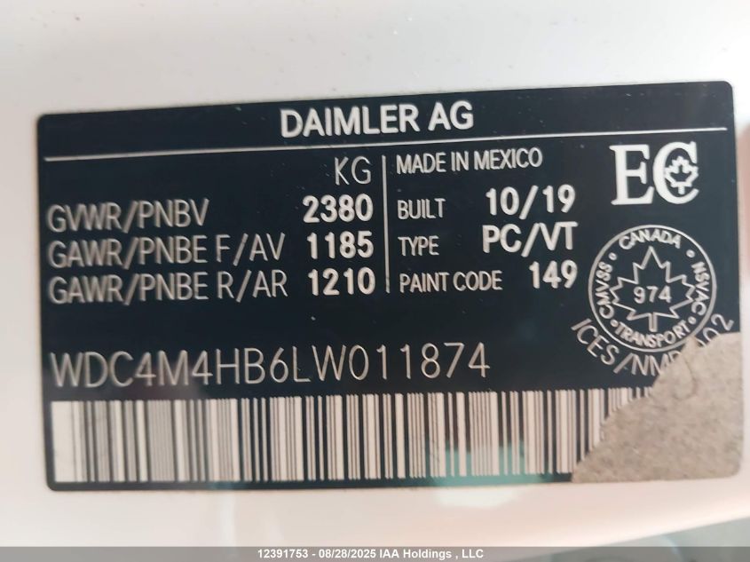 2020 Mercedes-Benz Glb 250 4Matic VIN: WDC4M4HB6LW011874 Lot: 12391753