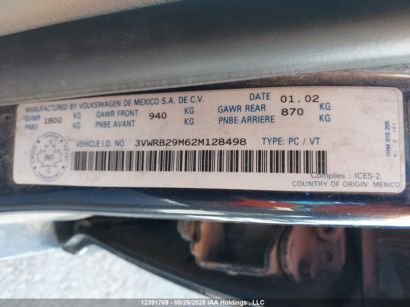 2002 Volkswagen Jetta Gl VIN: 3VWRB29M62M128498 Lot: 12391769