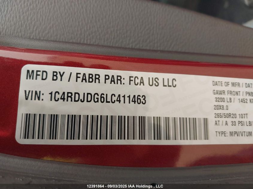 2020 Dodge Durango Gt VIN: 1C4RDJDG6LC411463 Lot: 12391864