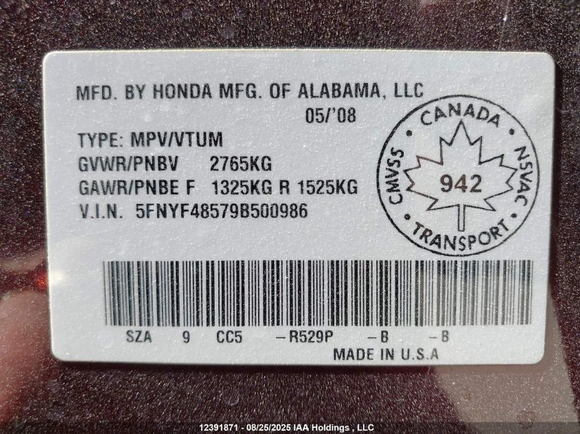 2009 Honda Pilot VIN: 5FNYF48579B500986 Lot: 12391871