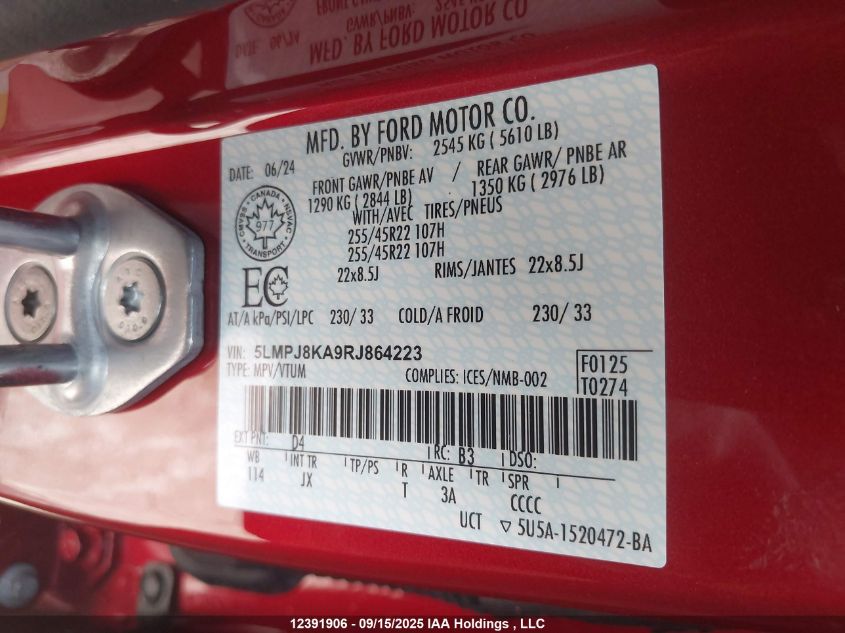 2024 Lincoln Nautilus Reserve VIN: 5LMPJ8KA9RJ864223 Lot: 12391906