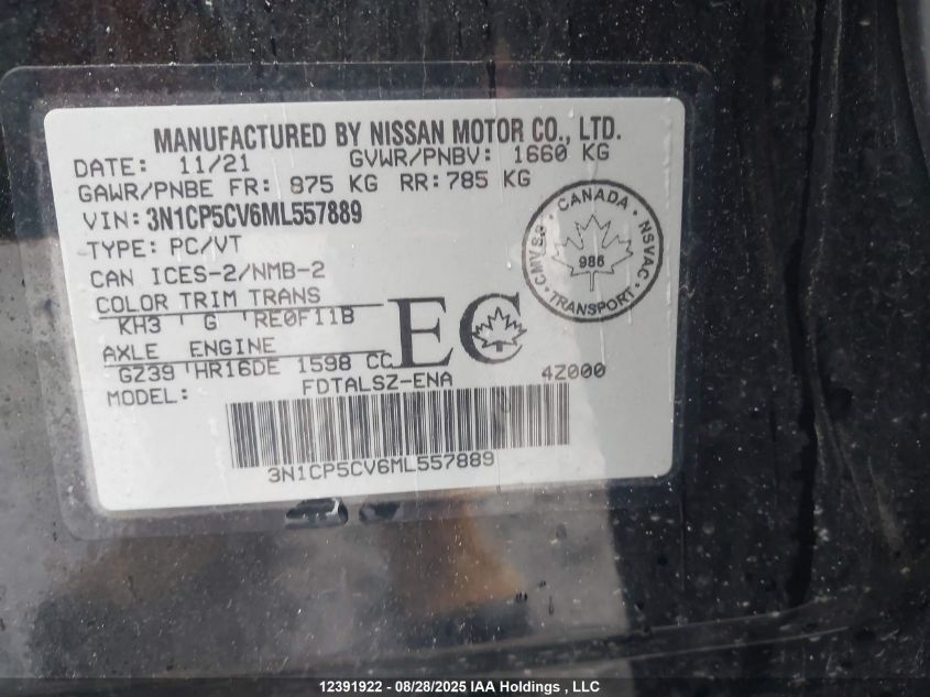 2021 Nissan Kicks Sv VIN: 3N1CP5CV6ML557889 Lot: 12391922