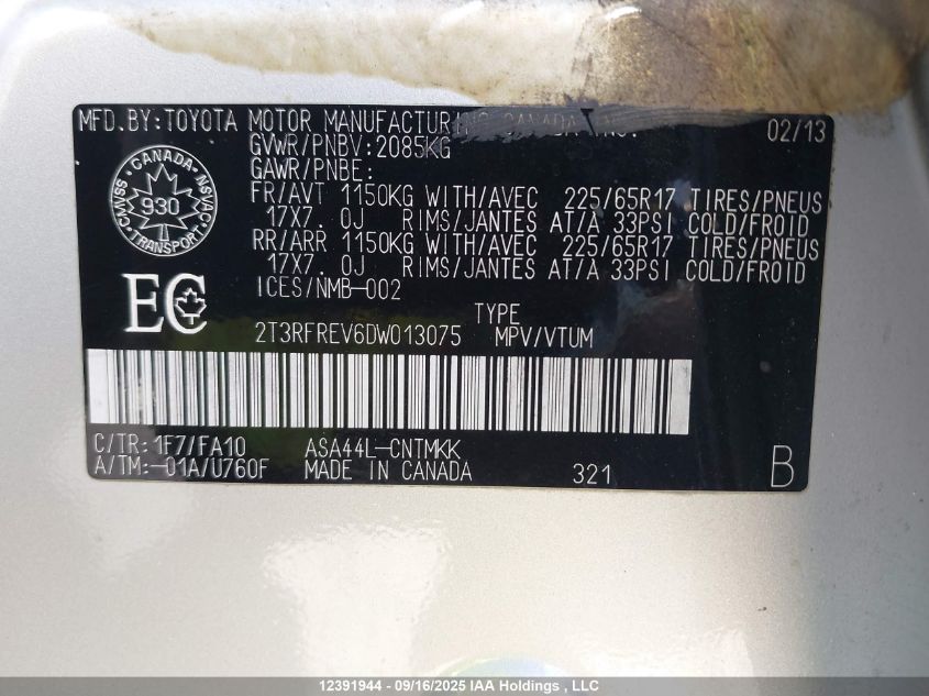 2013 Toyota Rav4 VIN: 2T3RFREV6DW013075 Lot: 12391944