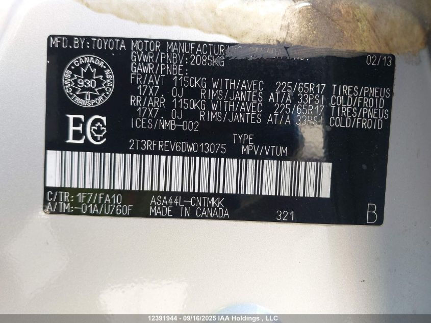2013 Toyota Rav4 VIN: 2T3RFREV6DW013075 Lot: 12391944