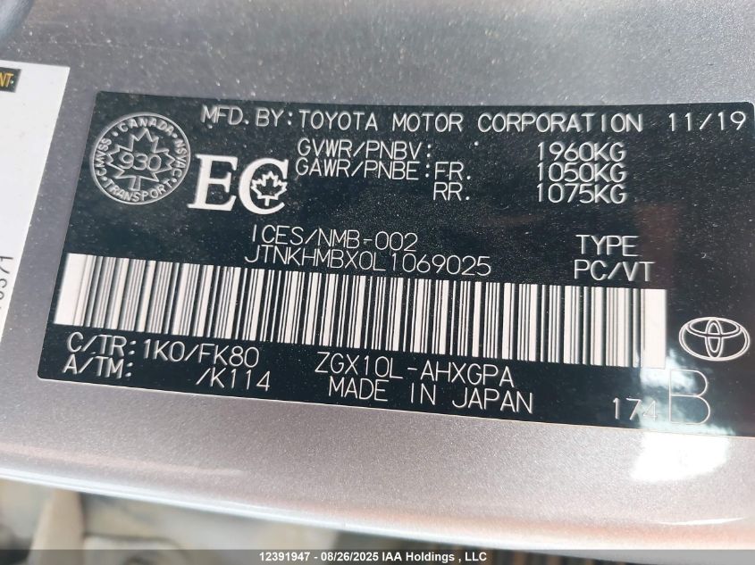 2020 Toyota C-Hr Xle/Le/Limited VIN: JTNKHMBX0L1069025 Lot: 12391947