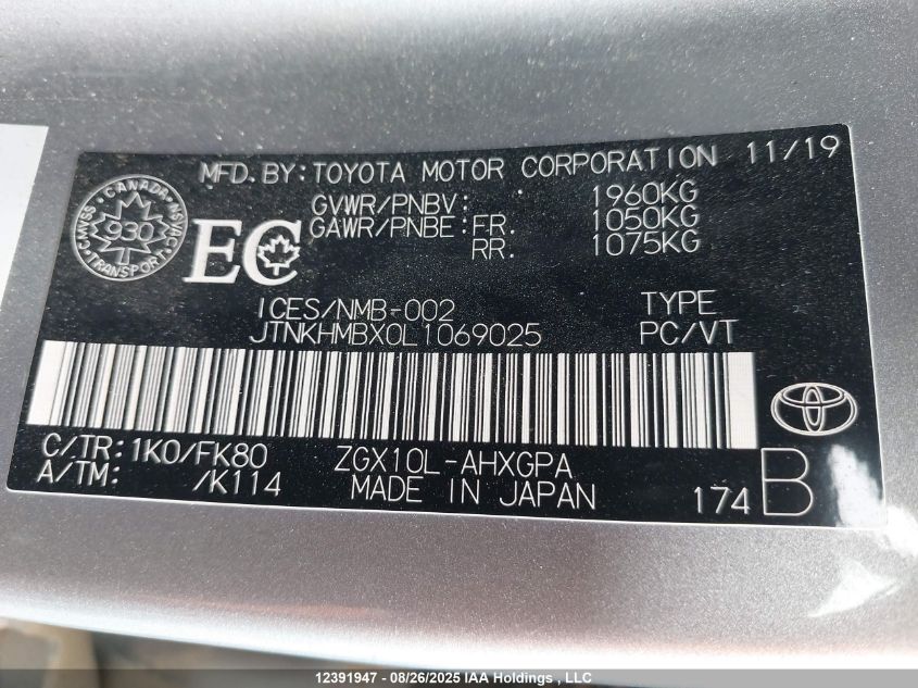 2020 Toyota C-Hr Xle/Le/Limited VIN: JTNKHMBX0L1069025 Lot: 12391947