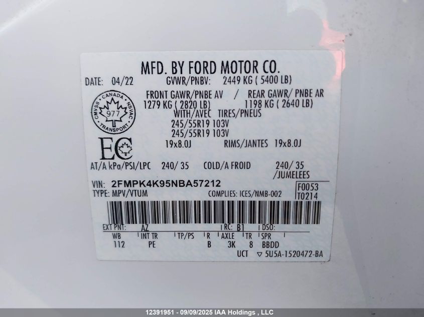 2022 Ford Edge Titanium VIN: 2FMPK4K95NBA57212 Lot: 12391951