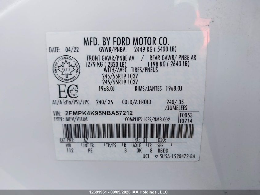 2022 Ford Edge Titanium VIN: 2FMPK4K95NBA57212 Lot: 12391951