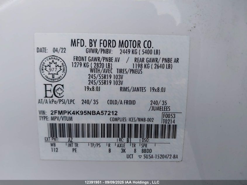 2022 Ford Edge Titanium VIN: 2FMPK4K95NBA57212 Lot: 12391951