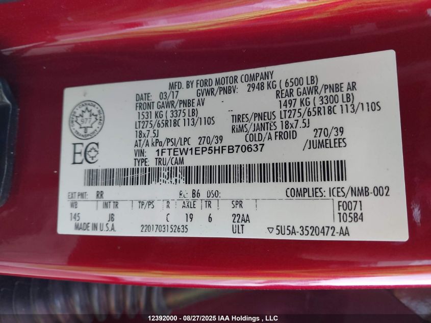 2017 Ford F-150 VIN: 1FTEW1EP5HFB70637 Lot: 12392000