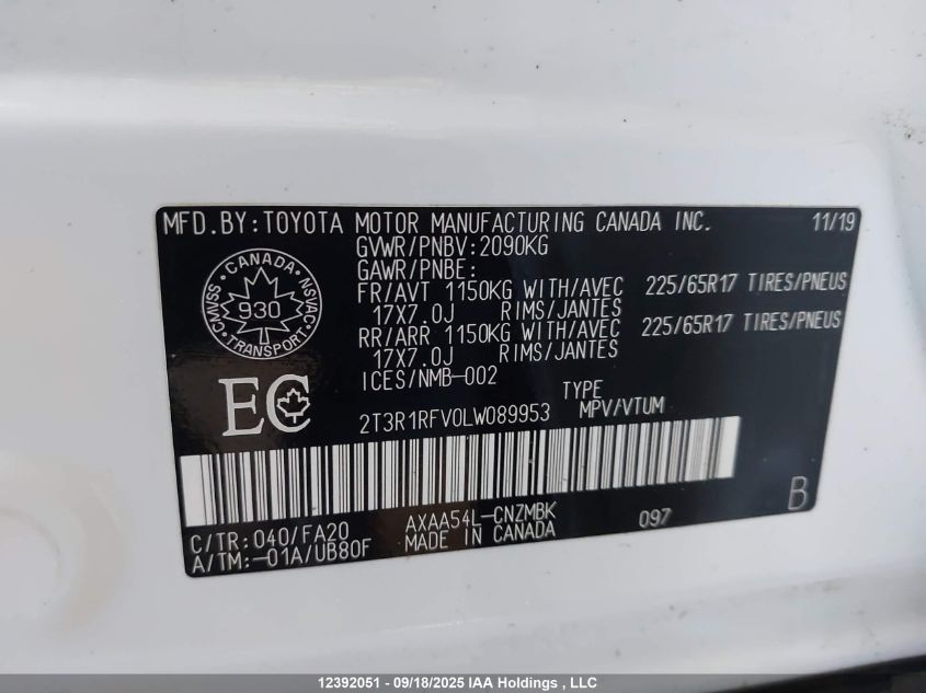 2020 Toyota Rav4 Xle/Xle Premium VIN: 2T3R1RFV0LW089953 Lot: 12392051
