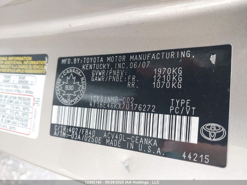 2007 Toyota Camry Le/Se VIN: 4T1BE46KX7U176272 Lot: 12392160