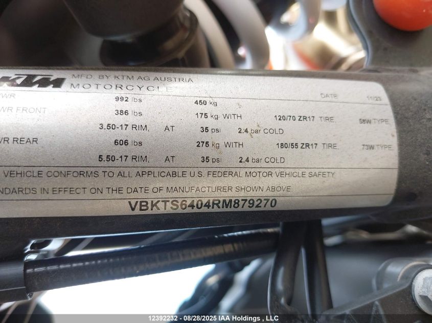2024 Ktm 890 Adventure VIN: VBKTS6404RM879270 Lot: 12392232