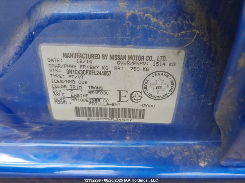 2015 Nissan Micra VIN: 3N1CK3CPXFL244657 Lot: 12392299