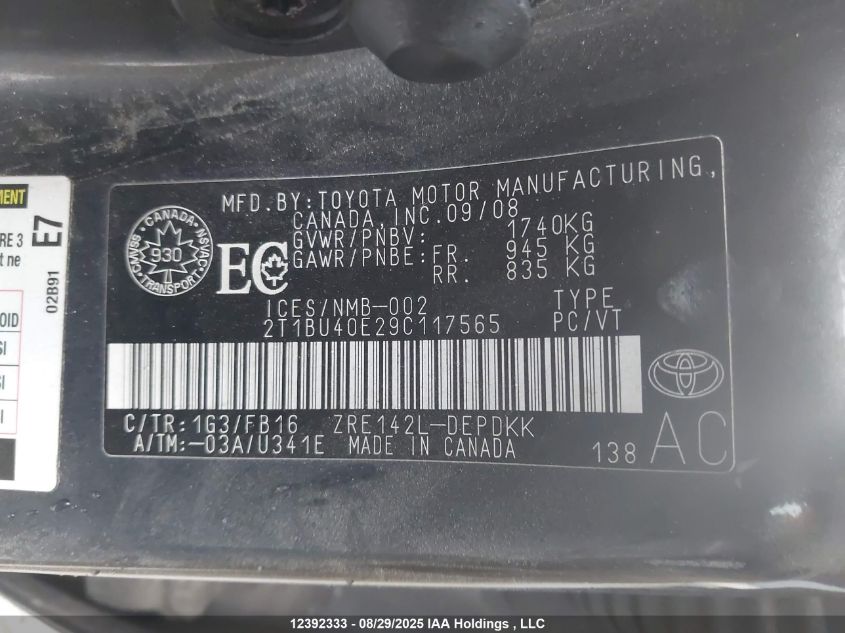 2009 Toyota Corolla VIN: 2T1BU40E29C117565 Lot: 12392333