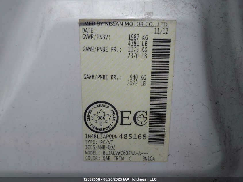 2013 Nissan Altima VIN: 1N4BL3AP0DN485168 Lot: 12392336