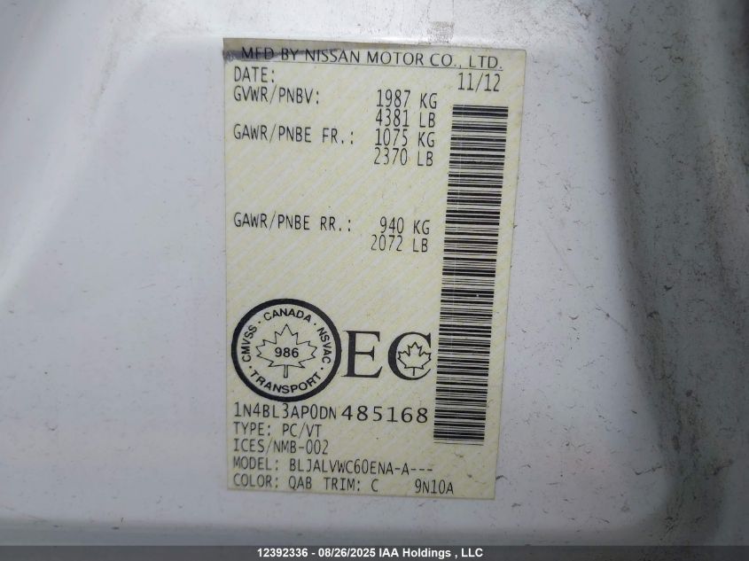 2013 Nissan Altima VIN: 1N4BL3AP0DN485168 Lot: 12392336