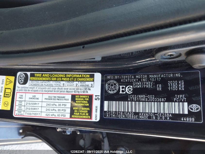 2018 Toyota Camry Se VIN: 4T1B11HK6JU033687 Lot: 12392347