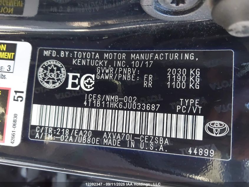 2018 Toyota Camry Se VIN: 4T1B11HK6JU033687 Lot: 12392347