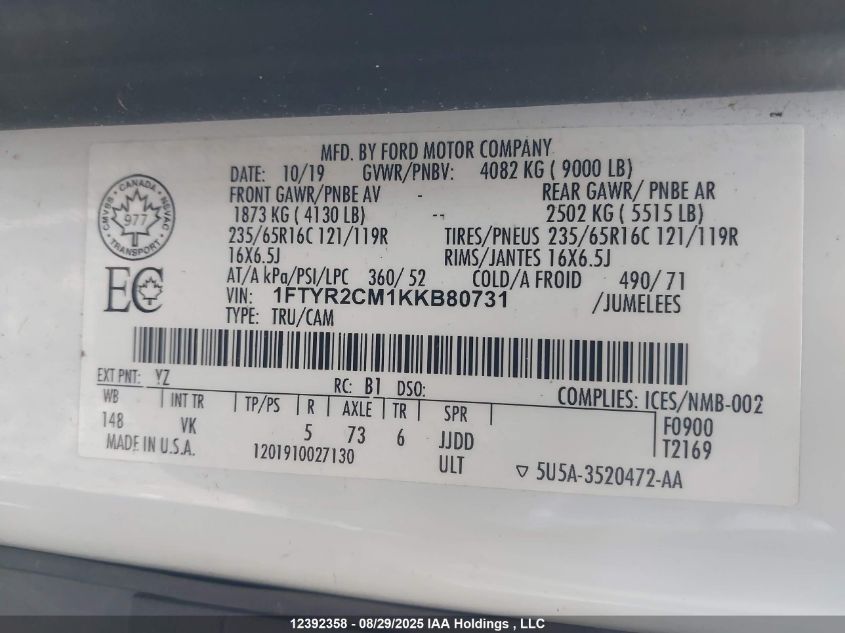 2019 Ford Transit T-250 VIN: 1FTYR2CM1KKB80731 Lot: 12392358