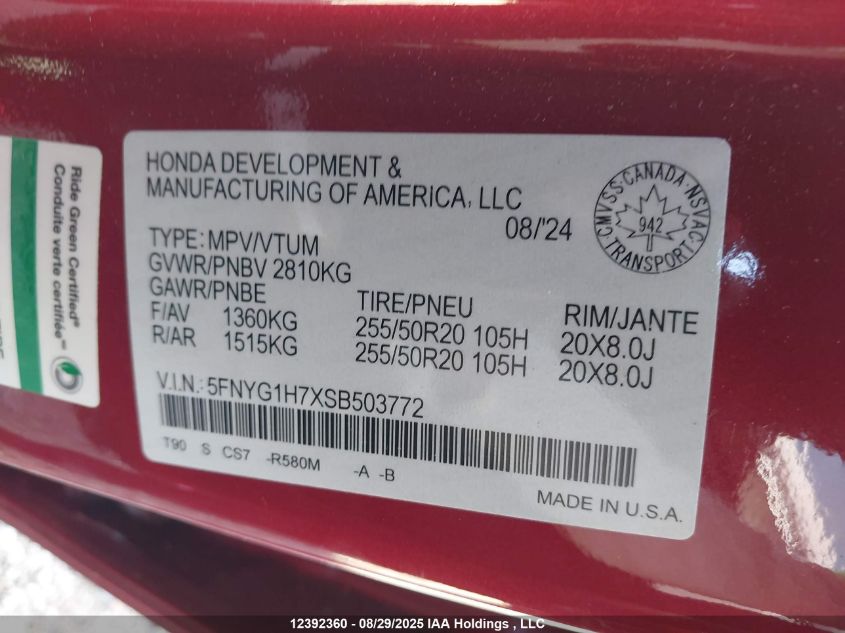 2025 Honda Pilot VIN: 5FNYG1H7XSB503772 Lot: 12392360