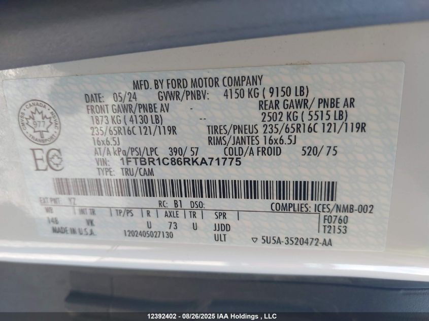 2024 Ford Transit T-250 VIN: 1FTBR1C86RKA71775 Lot: 12392402