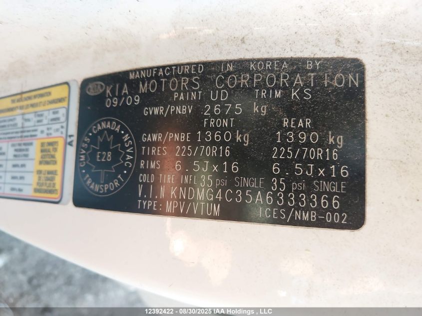 2010 Kia Sedona Lx VIN: KNDMG4C35A6333366 Lot: 12392422
